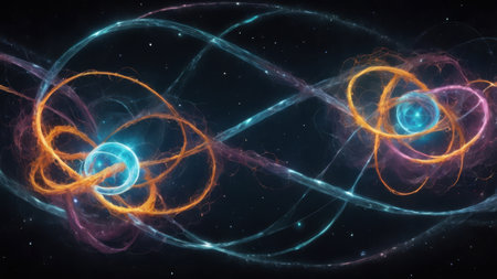 This visual illustrates the complex phenomenon of quantum entanglement, showing casing particles connected across distances, defying classical physics.の素材