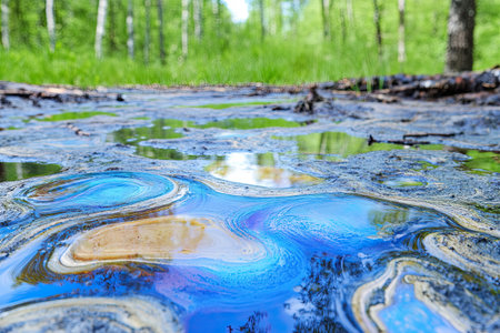 An oil spill spreads across the ground in a forest, creating colorful reflections amidst green vegetation.の素材