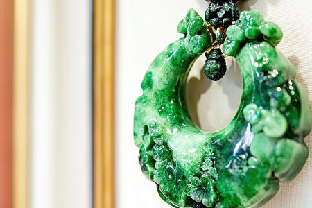 A stunning piece of jade jewelry showcases detailed craftsmanship, highlighted by its smooth stone textures.の素材
