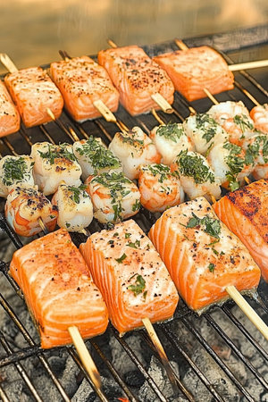 Assorted fresh seafood is being grilled, showcasing prawn kebabs and a large, herb-seasoned salmon fillet.の素材