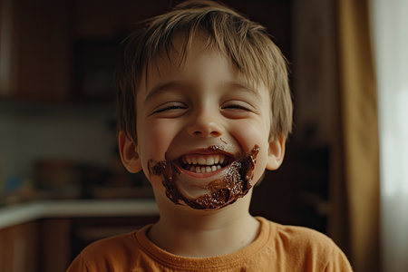 A joyful child smiles widely after indulging in chocolate, with remnants smeared across his face, surrounded by warm natural light.の素材