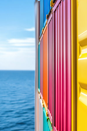 A cargo ship carries vibrant containers, navigating through the vast ocean on a clear day.の素材