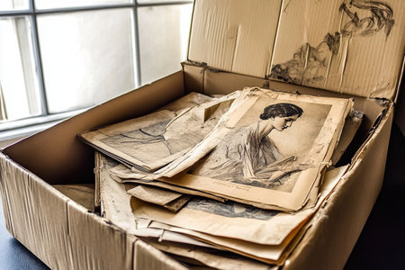 A person carefully unpacks a cardboard box filled with old photographs and sketches, revealing memories and artwork.の素材