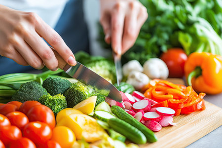 Hands are expertly slicing a variety of colorful vegetables, preparing ingredients for a healthy meal.の素材