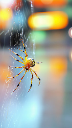 A spider with vibrant markings intricately weaves its silk web, showing nature's craftsmanship in bright daylight.の素材