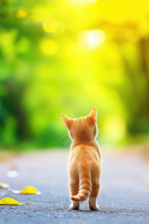 The tomcat stands on a pathway, gazing into the distance as sunlight filters through vibrant foliage.の素材