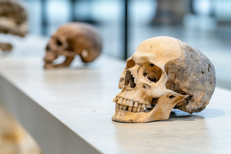 Various ancient human skulls are displayed, prompting discussions about our shared ancestry and evolution.の素材