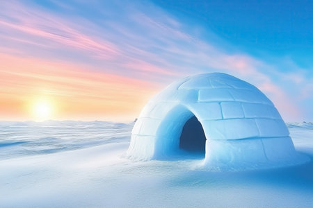 A traditional igloo made of ice blocks is situated in a snowy expanse with a vibrant sunset in the background.の素材