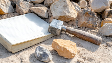 A geology field notebook rests beside an array of rock samples and a hammer on the dusty terrain, capturing the essence of exploration.の素材