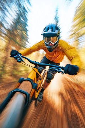 Riding fast through a colorful forest trail, the cyclist exudes energy as vibrant trees blur around, capturing the thrill of adventure.の素材
