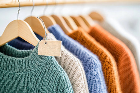 A close-up view reveals price tags on cozy autumn sweaters marked down, inviting shoppers in a warm-lit store.の素材