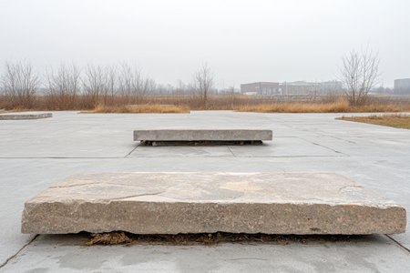 A skateboarder skillfully performs tricks at a cracked concrete skatepark as fog creeps in around industrial structures.の素材
