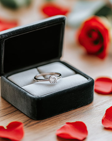 An exquisite engagement ring sits in an open velvet jewelry box, surrounded by rose petals and bathed in soft light.の素材
