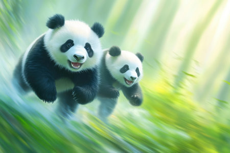 Two playful pandas zoom down a steep trail on mountain bikes, their joyful expressions captured in motion among lush trees.の素材