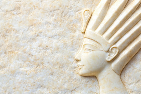An elegant depiction of an ancient Egyptian queen, showcasing her regal profile against a textured backdrop inspired by papyrus and hieroglyphs.の素材