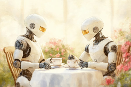 Two intricately designed robots share tea at a charming garden, surrounded by lovely flowers and soft light.の素材
