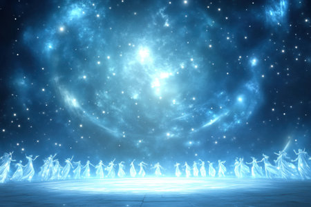 Under a luminous moon, a symphony of mythical beings fills the ancient amphitheater with enchanting music.の素材