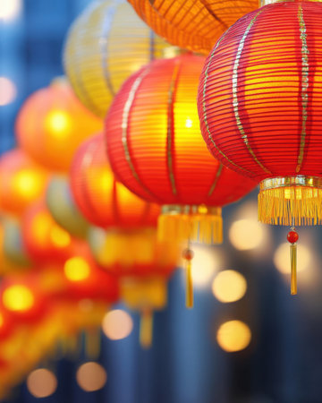 Red lanterns glow warmly in the night, creating a joyful ambiance for the Lunar New Year celebration.の素材
