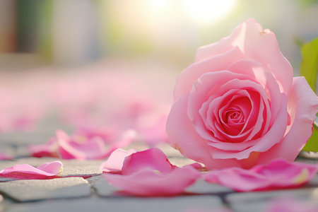 Sunlight spills over a quaint coffee shop entrance, where pink roses and petals create a lovely atmosphere for passersby.の素材