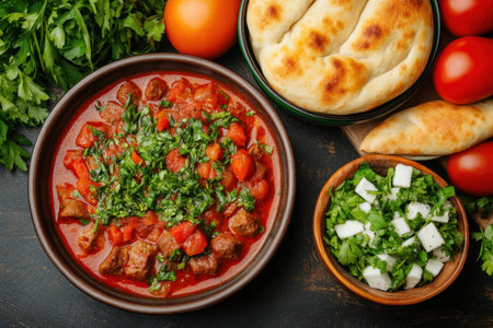 This vibrant spread showcases traditional Belarusian crockery filled with a rich stew, fresh vegetables, and bread, reflecting local culinary culture.の素材