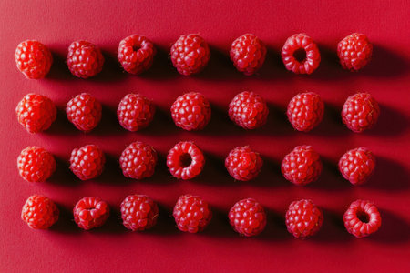 Fresh red raspberries are artistically arranged together, highlighting their vibrant color and promoting healthy eating habits.の素材