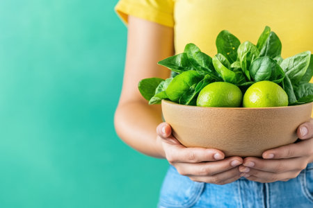 A person holds a bowl filled with fresh spinach and limes, emphasizing the importance of vitamins for women's wellness.の素材