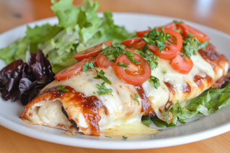 Warm and inviting Irish boxty elegantly garnished with succulent tomatoes and cilantro beside crisp greens.の素材