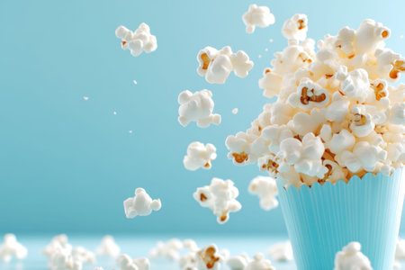 Popcorn bursts joyfully from a light blue cup, creating a festive atmosphere perfect for celebrations.の素材