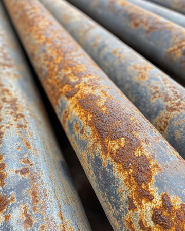 Industrial pipes reveal a weathered tapestry of rusty limestone deposits from steam boiler operations over time.の素材