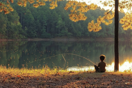 As twilight settles, a young boy sits quietly by the lake, fishing rod in hand, enjoying nature's tranquility.の素材