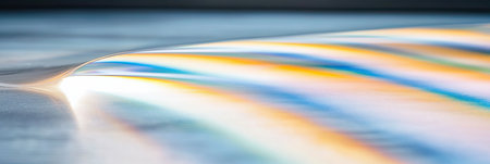 Polarized light reveals vivid rainbow patterns on clear plastic, highlighting stress points with a dark backdrop.の素材