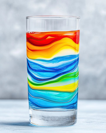 A glass showcases vibrant, distinct layers of liquid, demonstrating beautiful density differences under soft lighting.の素材