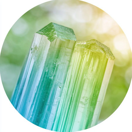 Two striking Tourmaline gemstones display a captivating blend of green and blue colors in soft daylight.の素材