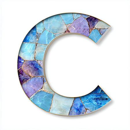A vibrant letter C crafted from opal stones in various hues, set against a stark white background for clarity.の素材