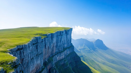 The stunning cliffs of Messa Mountain rise dramatically against a vibrant blue sky and greenery, showing nature's beauty.の素材