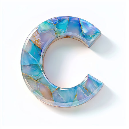 The striking letter C, crafted from opal, displays captivating colors and textures against a white background.の素材