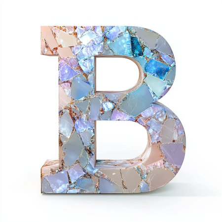 A decorative letter B showcasing a vibrant mosaic pattern with iridescent hues against a white background.の素材
