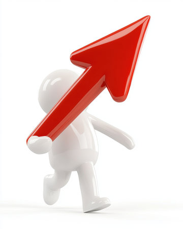 A character runs while holding a significant red downward arrow, representing a decrease or decline concept clearly against a white background.の素材