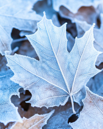 Frozen leaves display delicate details of ice crystals, marking the shift from autumn to winter's grip.の素材