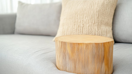 A stylish living room showcases a modern sofa paired with a rustic wooden side table and cozy textiles.の素材