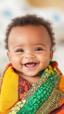 A sweet African baby beams with joy, wrapped snugly in colorful kente cloth, showing exquisite patterns that celebrate culture.の素材