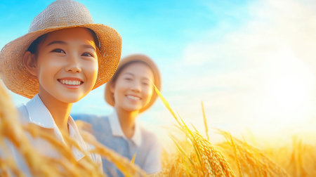 Smiling women celebrate the bountiful rice harvest, standing amidst golden grains under a vibrant sunset sky in their peaceful village.の素材