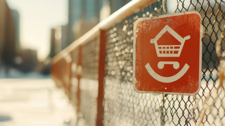 Bright red warning sign clearly shows a shopping cart crossed out, marking a restricted zone near urban structures under a clear sky.の素材