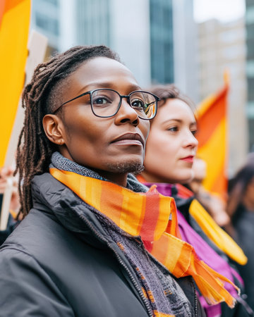 Crowd gathers passionately, holding vibrant banners while diverse individuals express their commitment to equal rights. Unity fuels the atmosphere, resonating hope and change.の素材