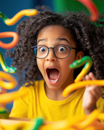 A young child with curly hair and glasses expresses pure astonishment after opening a box filled with colorful fake spring snakes. The joyful moment captures excitement.の素材