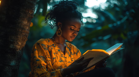 Under the golden light of dusk, a passionate poet passionately recites their work, holding fluttering pages as they engage with the beauty around them.の素材
