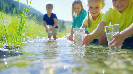 Bright sunlight dances on the surface of a clear stream as children happily fill their glasses with fresh water, surrounded by green grass and nature's beauty.の素材