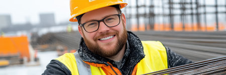 On a lively construction site, a worker in a yellow hard hat and safety vest skillfully manages steel rebar, showcasing dedication and expertise.の素材
