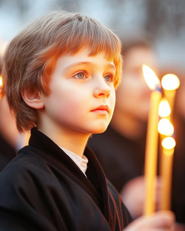A solemn procession unfolds as hold participants glowing candles, reflecting faith and tradition during Good Friday observances. The atmosphere is serene and contemplative.の素材