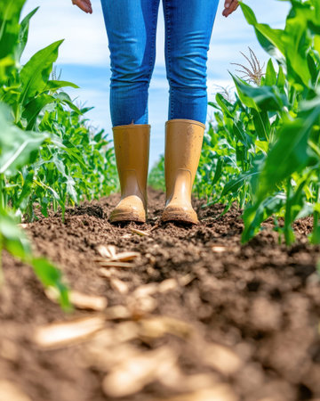 Standing amidst rows of vibrant corn, a farmer in rubber boots enjoys the warm sun while tending to the crops. The rich soil contrasts with the green plants around.の素材